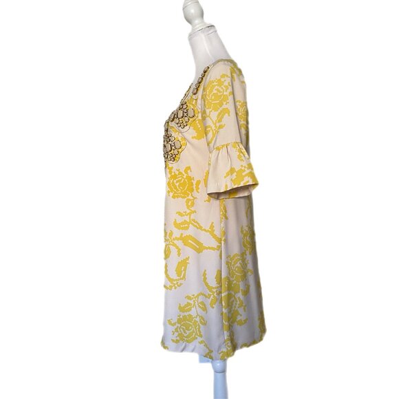 Karta Vintage Yellow Floral Beige Stone 3/4 Bell Sleeve Mid Length Lined Dress M - Picture 4 of 5
